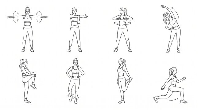 Set of women performing fitness warm up exercises and stretching routines in line art style