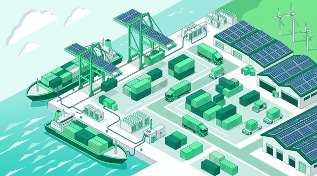 Isometric vector illustration of a sustainable seaport powered by rooftop solar panels, wind turbines, and electric container cranes.