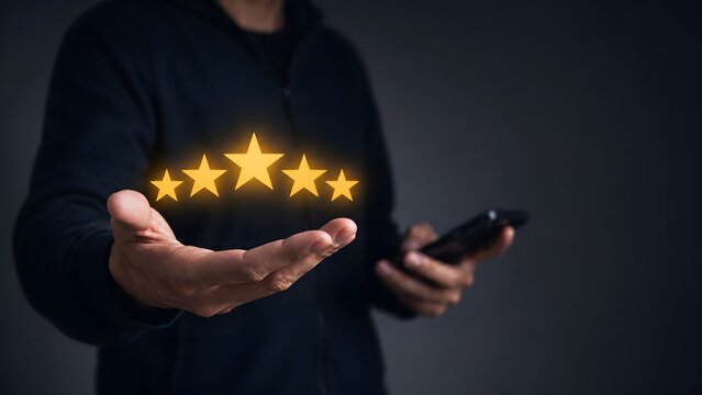 Customer review satisfaction feedback survey concept, user gives rating to service experience on online application, Customer can evaluate quality of service leading to reputation ranking of business.