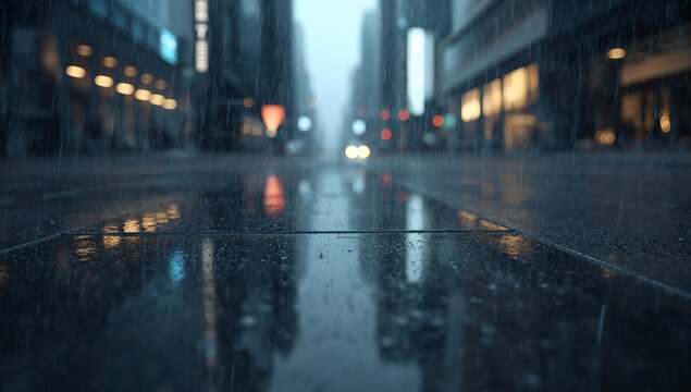 Generative AI captures a rainy city street scene with reflective wet surfaces