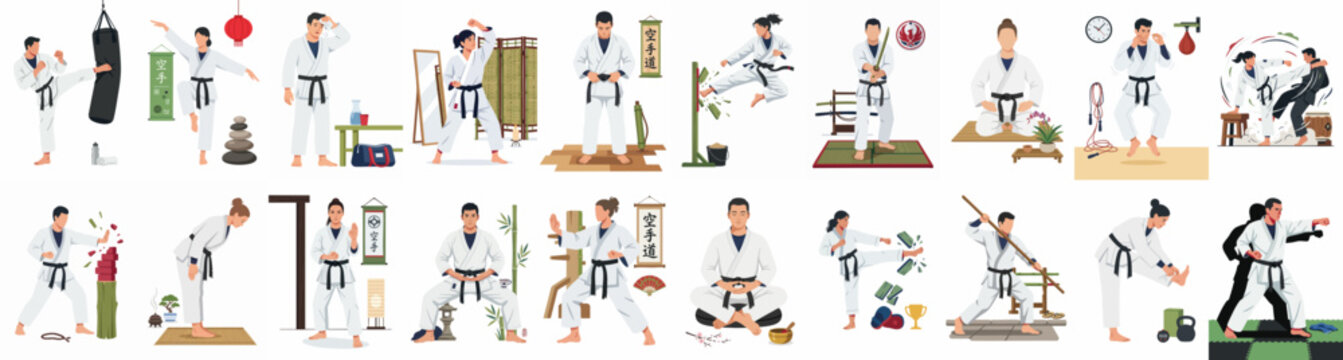 Comprehensive collection of martial arts illustrations featuring practitioners in diverse training poses, from traditional meditation to dynamic kicks and weapon drills, on white background.