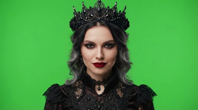 Beautiful Gothic Queen in Elegant Black Lace Dress and Crown Isolated on Green Screen Background