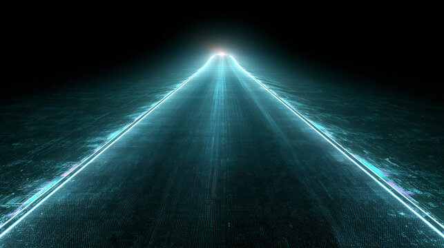 Cyan glowing pathway on dark tech surface illustrates virtual reality gateway and futuristic digital corridor concept.