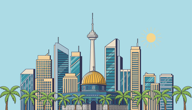 Middle eastern city skyline illustration with modern skyscrapers, a golden dome mosque and palm trees.