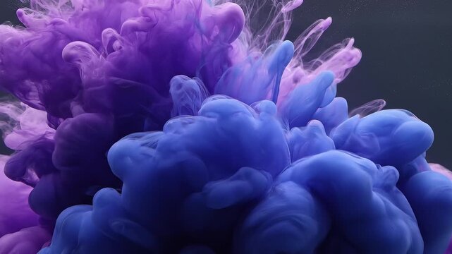 Purple and Blue Ink Swirling in Water, Abstract Fluid Art on Dark Background