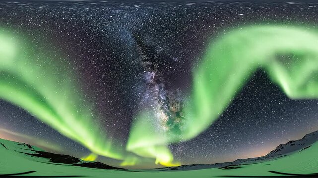 Northern Lights and Milky Way Galaxy Dancing Over Snowy Winter Landscape, 360 Degree VR Equirectangular Time-lapse