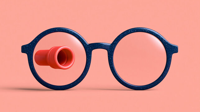 Dark blue speckled round eyeglasses with red tube element on pink background illustrate optical design and vision care.