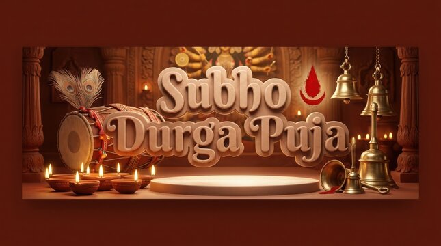 Subho durga puja festival banner design with 3d clay text clay lamps traditional drum dhak and temple pillars background.