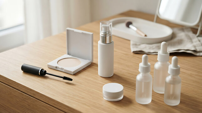 Minimalist bathroom counter with skincare bottles and laptop for remote work or beauty routine PNG, 4K, HD Image