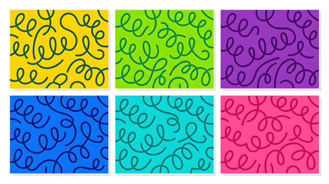 Colorful Scribble Pattern: A vibrant collection of six square tiles, each featuring a unique background color and a whimsical, hand-drawn scribble pattern in black.