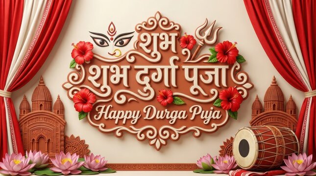 Happy Durga Puja greeting design in Hindi with decorative floral frame temple architecture motifs and traditional dhak.