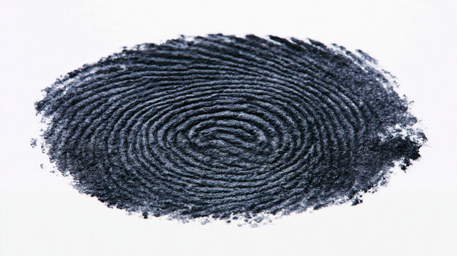 Dark gray fingerprint on white paper background, used for identification and security purposes, unique human identity.