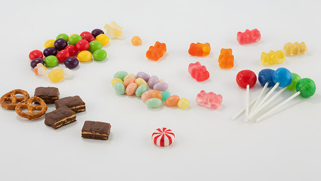 Assortment of colorful gummy candies and chocolate treats isolated on white background PNG, 4K, HD Image