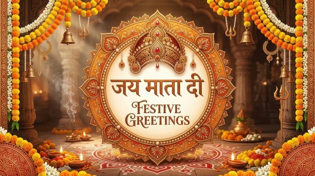 Jai mata di festive greetings backdrop with golden mandala circular frame and marigold decorations in temple courtyard.