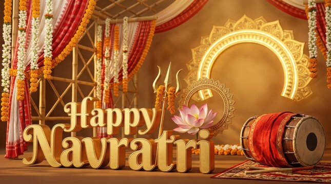 Happy navratri golden typography with festive pandal background decorated by marigold garlands trident and dhol drum.