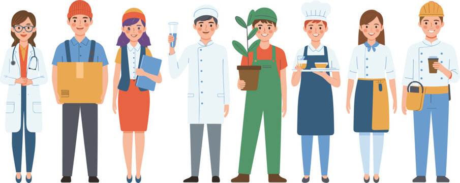 Diverse group of people with various professions vector illustration including doctor, delivery worker, and chef