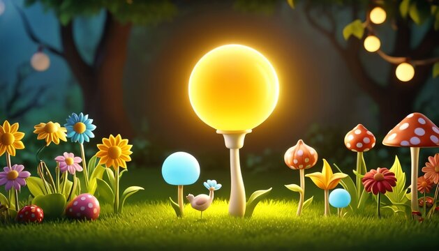 Glowing orb lantern in whimsical forest garden