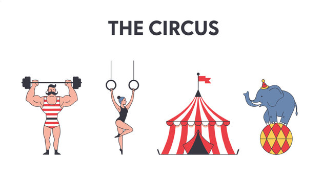 Colorful circus theme illustration featuring a strongman lifting weights, a female trapeze artist, a tent, and an elephant on a ball.
