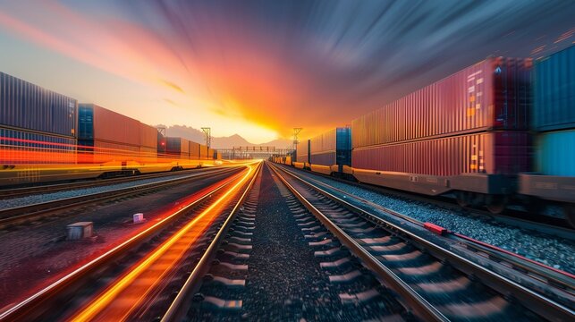 Container train crossing urban landscape with soft glow.
