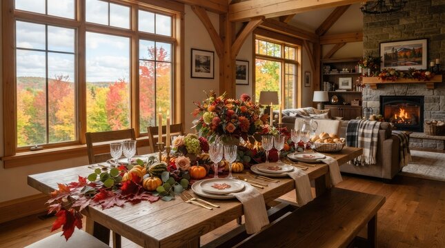 Cozy dining room with Thanksgiving table setting and fireplace in autumn