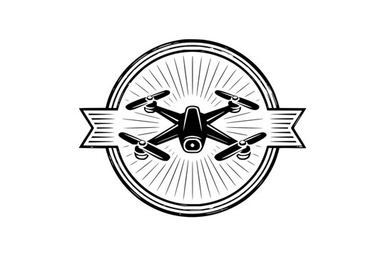Modern quadcopter drone vector illustration in a circular badge design with sunburst rays and a blank ribbon banner for custom text, ideal for technology logos