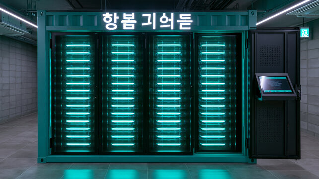 Data server rack container with glowing green lights in modern data center environment.