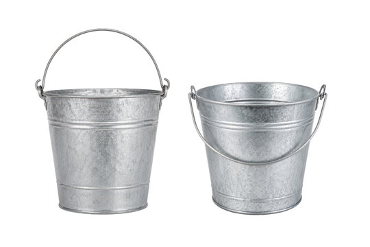 Two galvanized metal buckets with wire handles and classic tapered pail shapes, isolated on a clean white background.