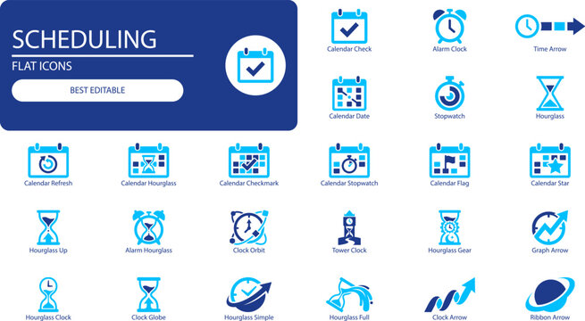 Time management icons set. Filled vector symbols of clock, calendar, stopwatch and hourglass for productivity design