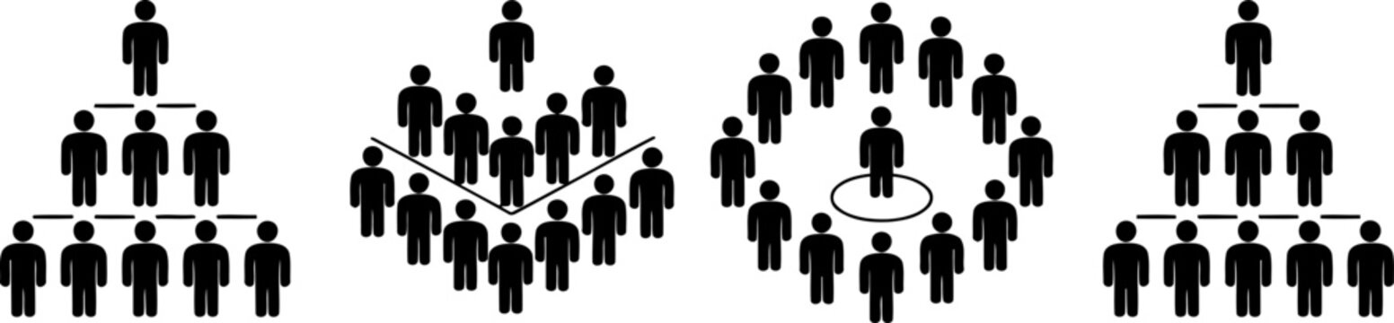 Black icon set showing various organizational structures and human hierarchies in different formats.