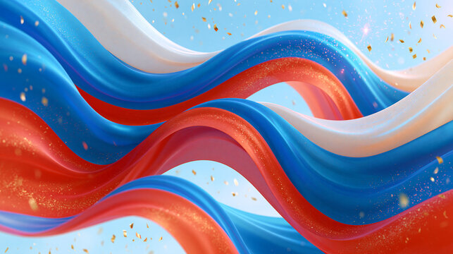 Dynamic russian flag design with flowing fabric in red white and blue colors featuring golden confetti celebration.