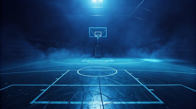 Illuminated empty basketball court with smoke and blue neon lights