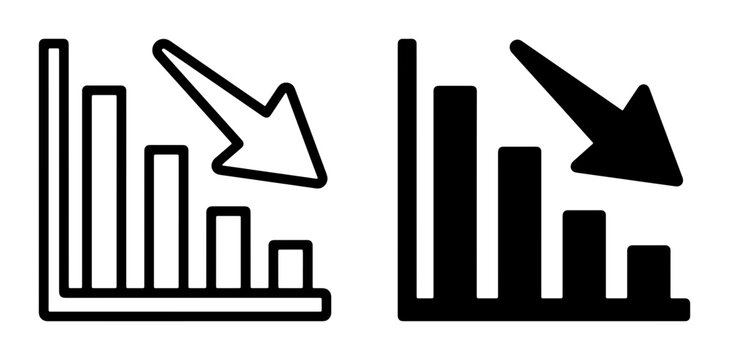 Falling Bar Chart Icons, Downward Trend Graph, Decline Statistics, Negative Growth Data, Business Analytics Vector Set