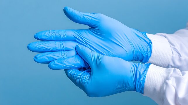 Healthcare professional wearing blue protective gloves for medical safety and hygiene