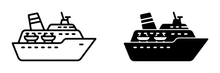 Cruise Ship Icons, Ocean Liner Vector Graphics, Passenger Vessel Line Art and Silhouette for Travel and Nautical Themes ©  Pixel iconsBox