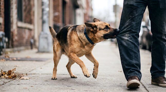 a dog bites a person's leg