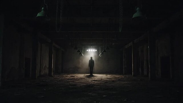 Lonely mysterious silhouette walks through dark industrial warehouse interior towards bright cinematic stage lights in this atmospheric motion video clip