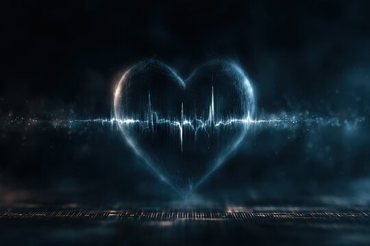 A glowing neon-blue heart formed from light with a central waveform pulse, blending digital, medical, and romantic imagery in a futuristic, atmospheric scene.