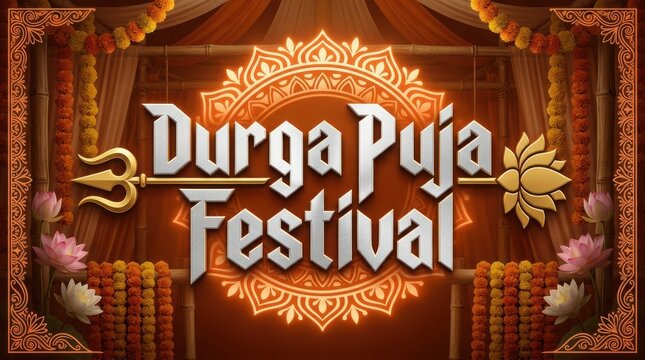 Durga puja festival design with ornate mandala lotus flowers bamboo structure and golden trishula graphic illustration.