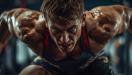 Obraz premium Sweaty muscular man exercising in a gym