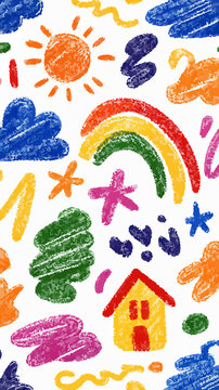 Colorful children's crayon drawing background with rainbow, sun, house, tree, cloud, stars and hearts. Bright kid doodle illustration with white background. Perfect for kids design