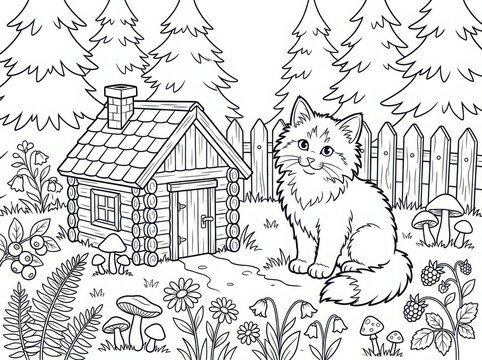 Cute fluffy kitten sitting in front of a small wooden log cabin in a forest clearing with flowers, mushrooms, berries and a wooden fence