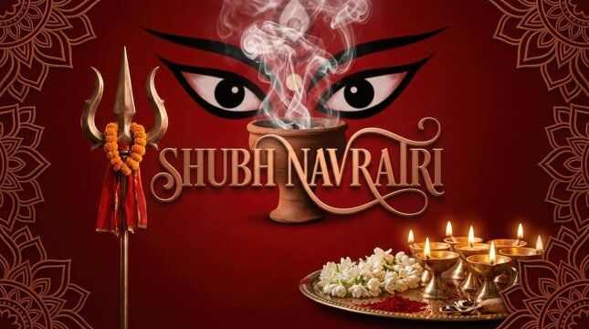 Shubh navratri religious composition with goddess durga eyes divine smoke ritual trishula and traditional oil lamp tray set.