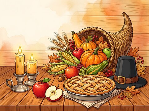 Thanksgiving cornucopia harvest STILL life with pie apples pilgrim hat and warm candles vector background