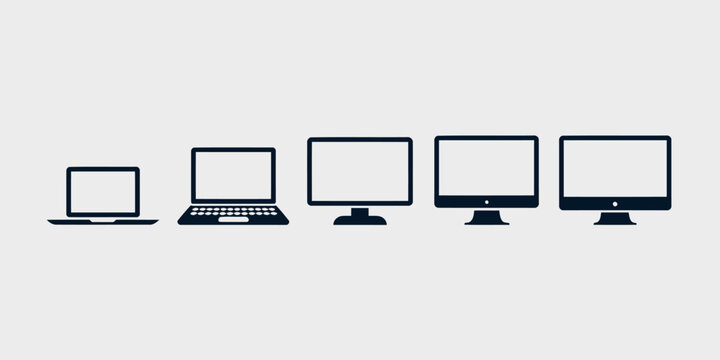 Set of dark blue computer and laptop icons on a light gray background, for technology interface use.