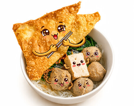 Cute Kawaii a Bowl bakso with pangsit goreng. Meatballs 3D cute kawaii