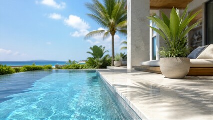 Fototapeta premium Infinity pool shimmering beside lounge seating on ocean terrace