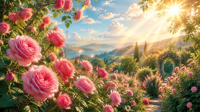 Pink roses blooming in sunlit hillside garden landscape