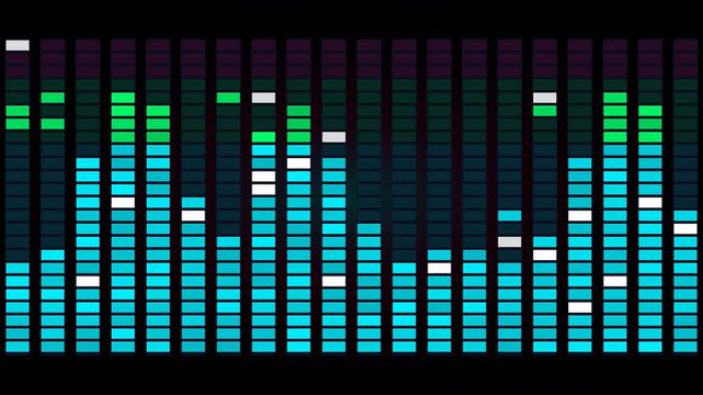 Digital audio equalizer bars pulsating on black background with neon flickering glitch for music production