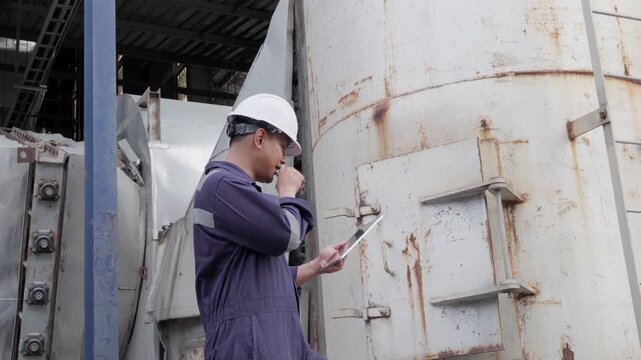 Engineering work using digital tablet and radio with teamwork maintenance Exhaust system for Clean air protection. Factory industrial manufacturing. Sustainable environment air pollution reduction	