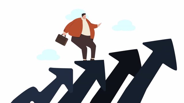 Businessman climbing upward arrows, symbolizing business growth and success journey